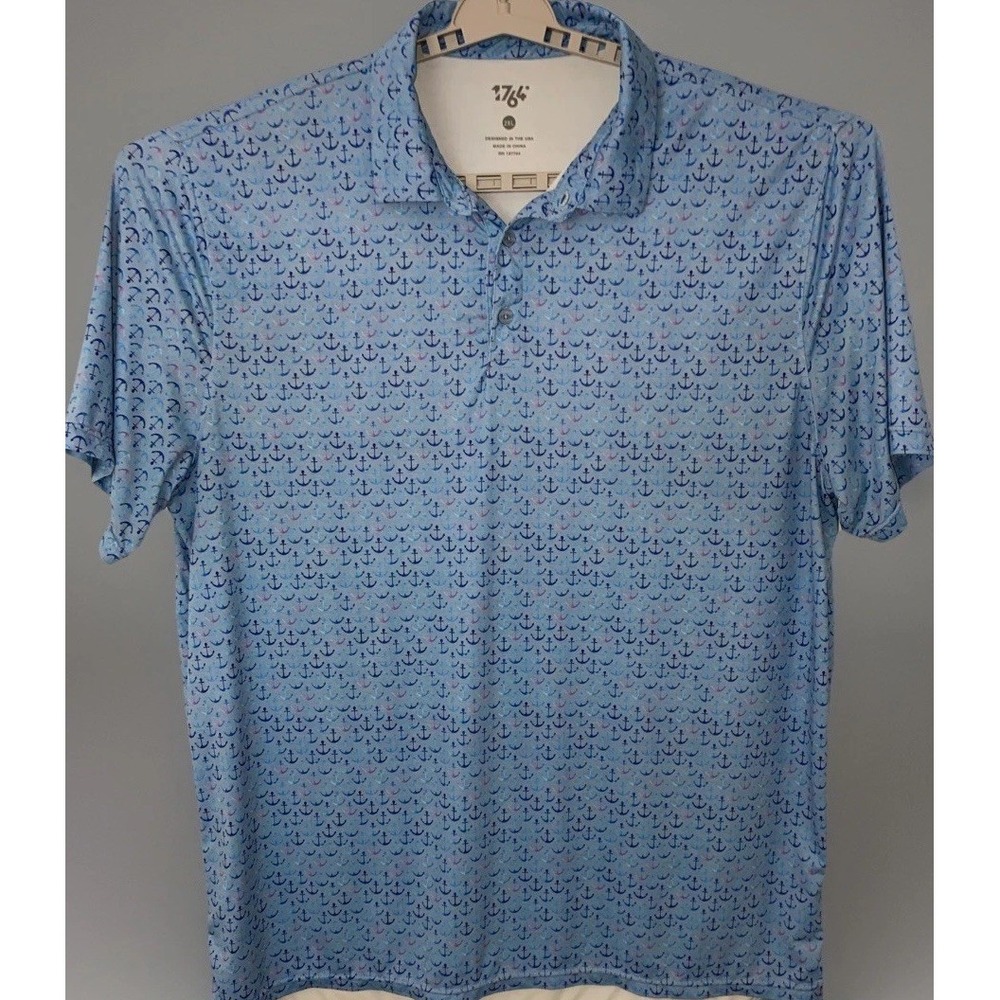 1764 Polo Shirt Mens 2XL Blue Anchor Print Performance Golf Nautical S/S